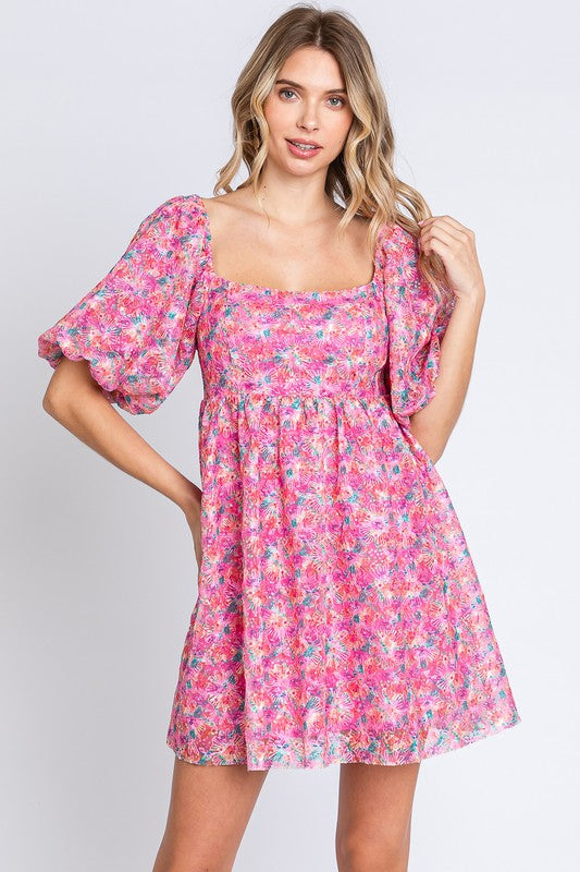 GeeGee Sequin Floral Babydoll Mini Dress