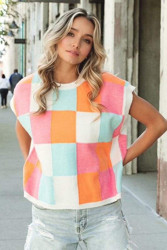 BIBI Multi-Color Checker Sweater Vest
