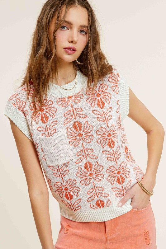 Flower Pattern Sleeveless Sweater Top - Boho Soho