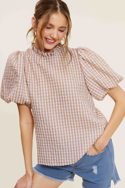 La Miel Gingham Check Print Puff Sleeve Top