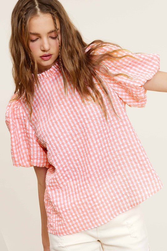 La Miel Gingham Check Print Puff Sleeve Top