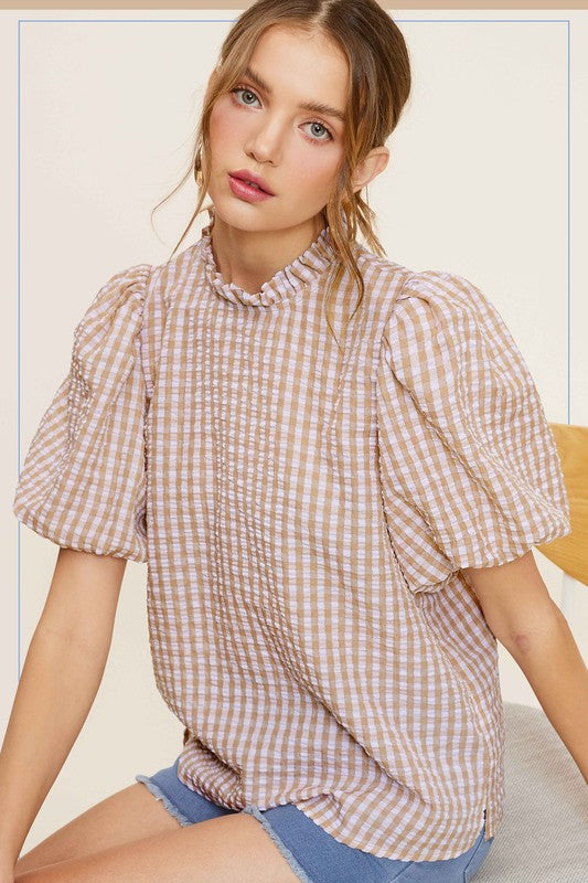 La Miel Gingham Check Print Puff Sleeve Top