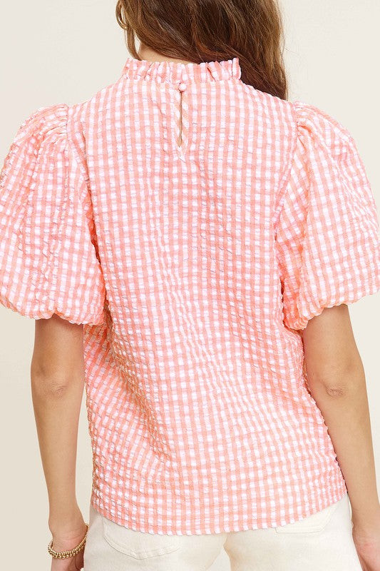 La Miel Gingham Check Print Puff Sleeve Top