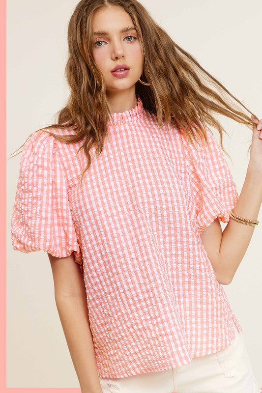 La Miel Gingham Check Print Puff Sleeve Top