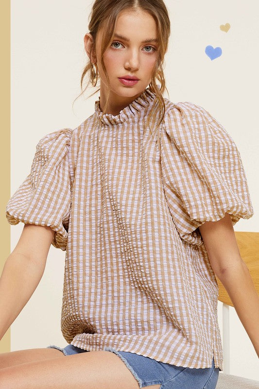 La Miel Gingham Check Print Puff Sleeve Top