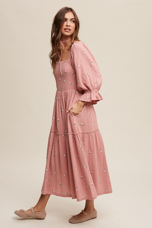 Listicle Ditzy Floral Embroidery Puff Sleeve Maxi Dress