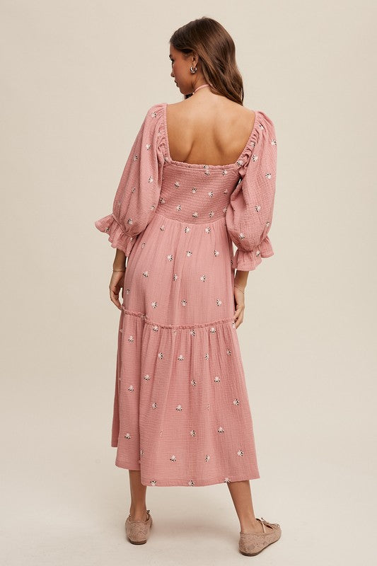 Listicle Ditzy Floral Embroidery Puff Sleeve Maxi Dress