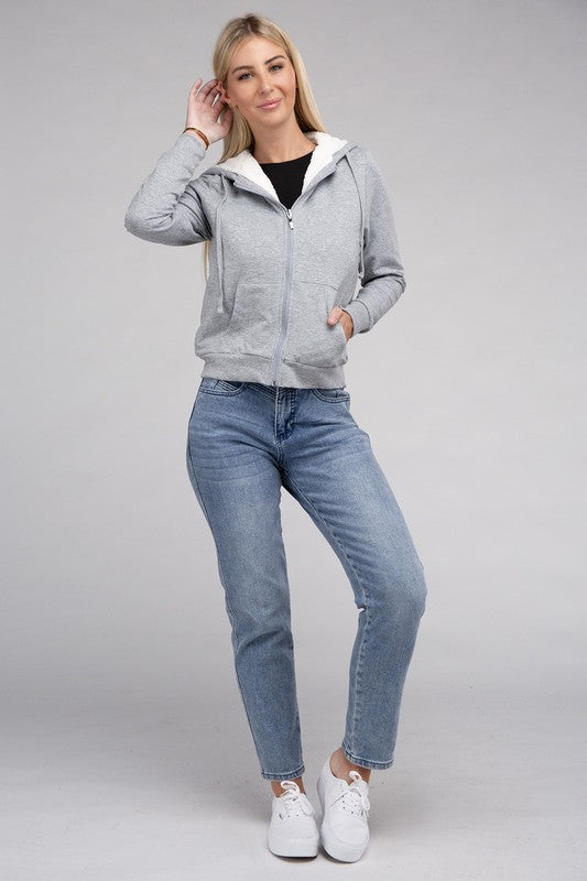 Ambiance Fuzzy Trim Zip-Up Crop Hoodie