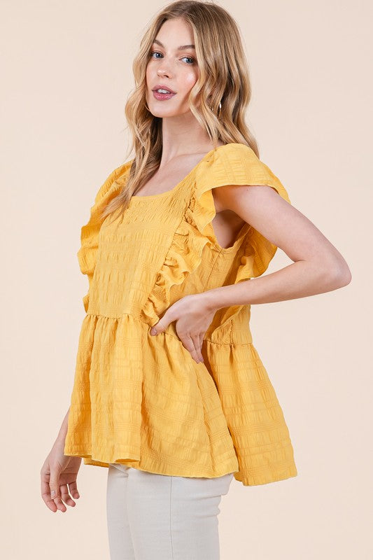 Ruffle Sleeve Textured Peplum Top - Boho Soho