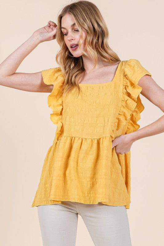 Ruffle Sleeve Textured Peplum Top - Boho Soho