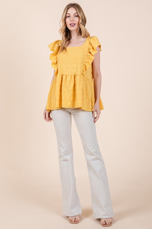 Ruffle Sleeve Textured Peplum Top - Boho Soho