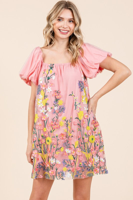 GeeGee Floral Embroidered Mesh Mini Dress