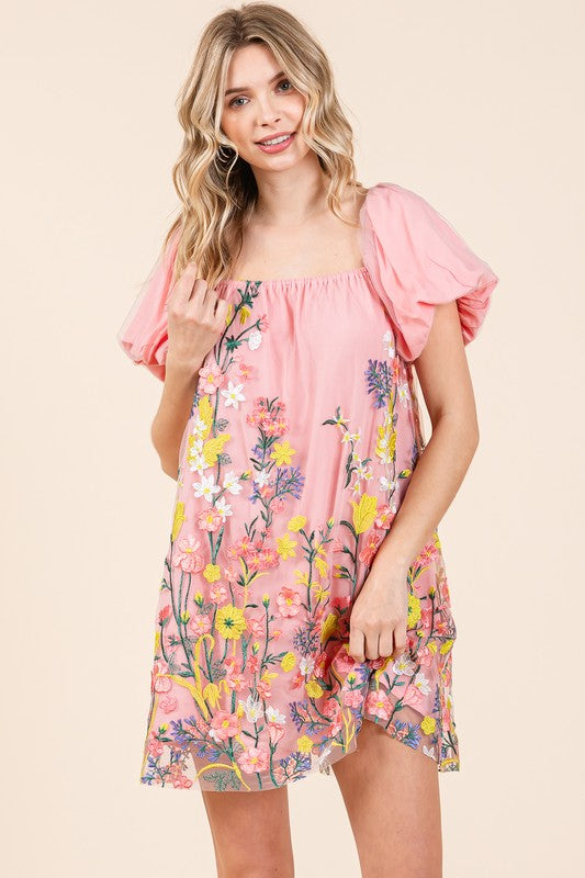 GeeGee Floral Embroidered Mesh Mini Dress