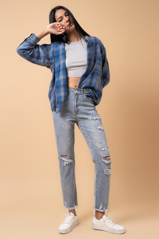 Denim Lab Fray Distressed Girlfriend Jeans