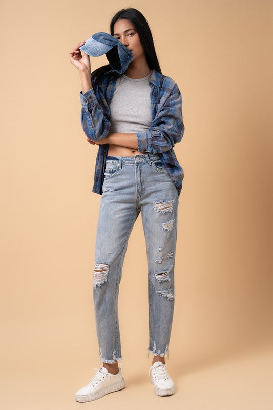 Denim Lab Fray Distressed Girlfriend Jeans