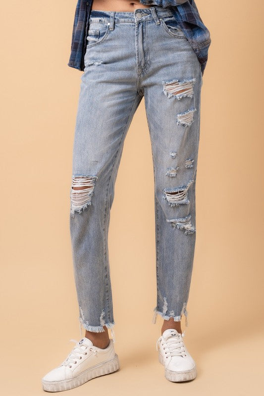 Denim Lab Fray Distressed Girlfriend Jeans