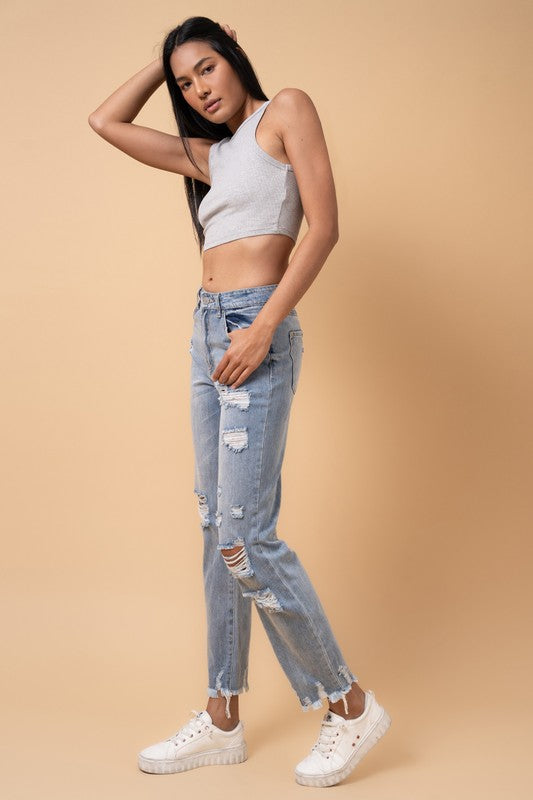 Denim Lab Fray Distressed Girlfriend Jeans