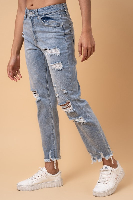 Denim Lab Fray Distressed Girlfriend Jeans