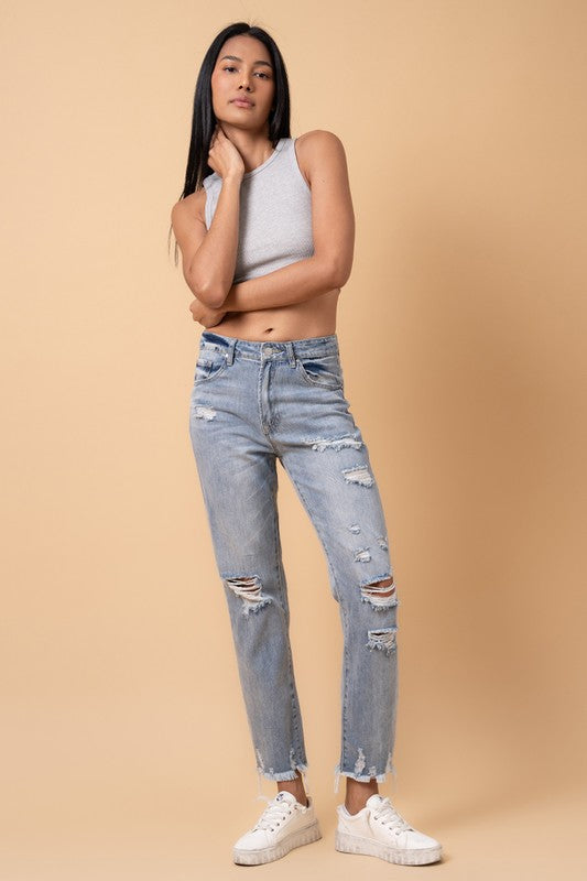 Denim Lab Fray Distressed Girlfriend Jeans