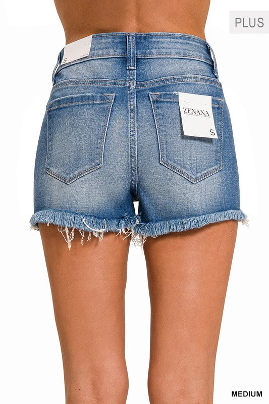 ZENANA Plus Mid Rise Raw Frayed Hem Denim Shorts