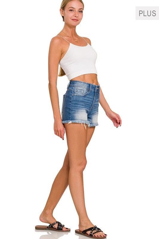 ZENANA Plus Mid Rise Raw Frayed Hem Denim Shorts