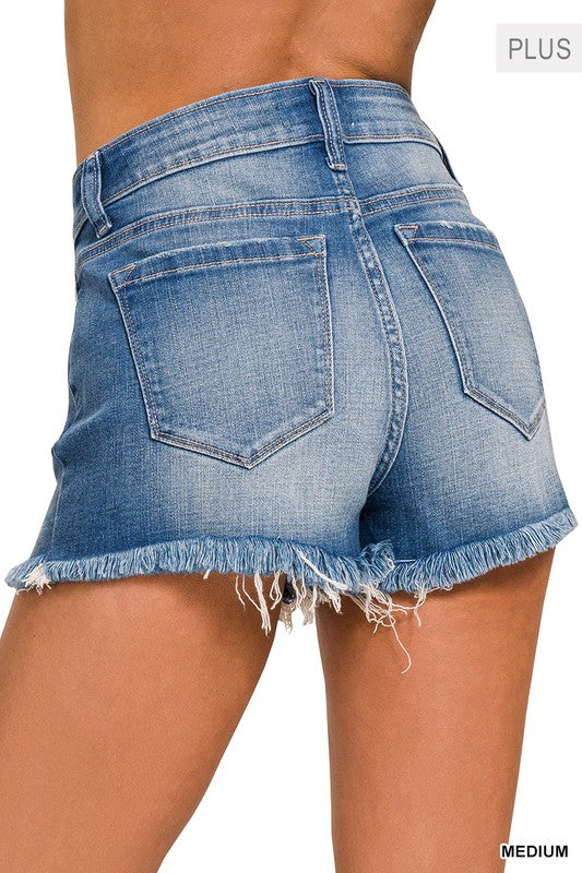 ZENANA Plus Mid Rise Raw Frayed Hem Denim Shorts