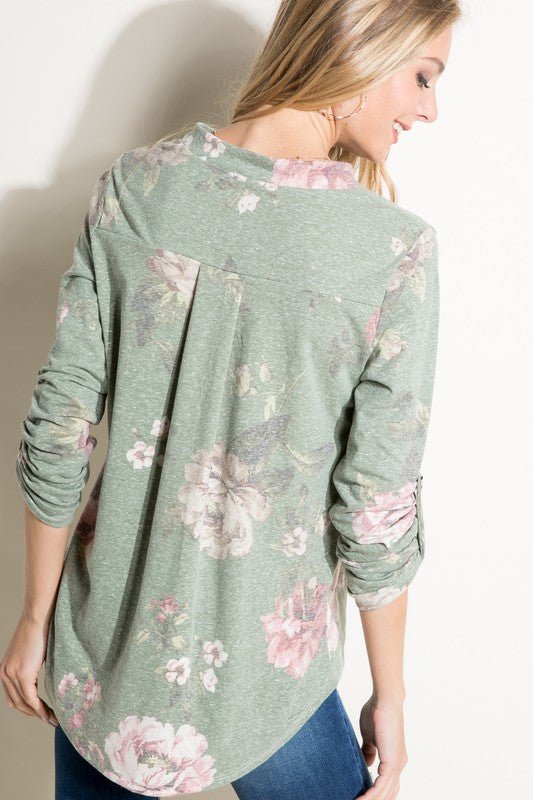 PLUS FLORAL SPLIT NK ROLL SL TOP