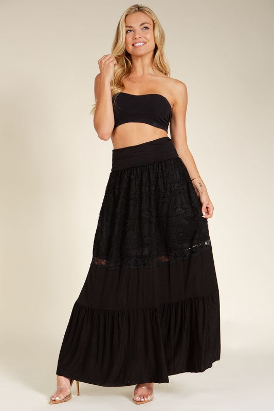 Orange Farm Boho Lace Combo Tier Ruffle Maxi Skirt