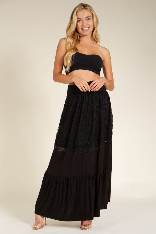 Orange Farm Boho Lace Combo Tier Ruffle Maxi Skirt