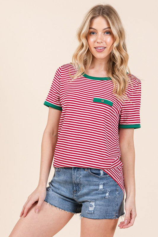 Orange Farm Stripe Ribbed T Shirt with Contrast Binding