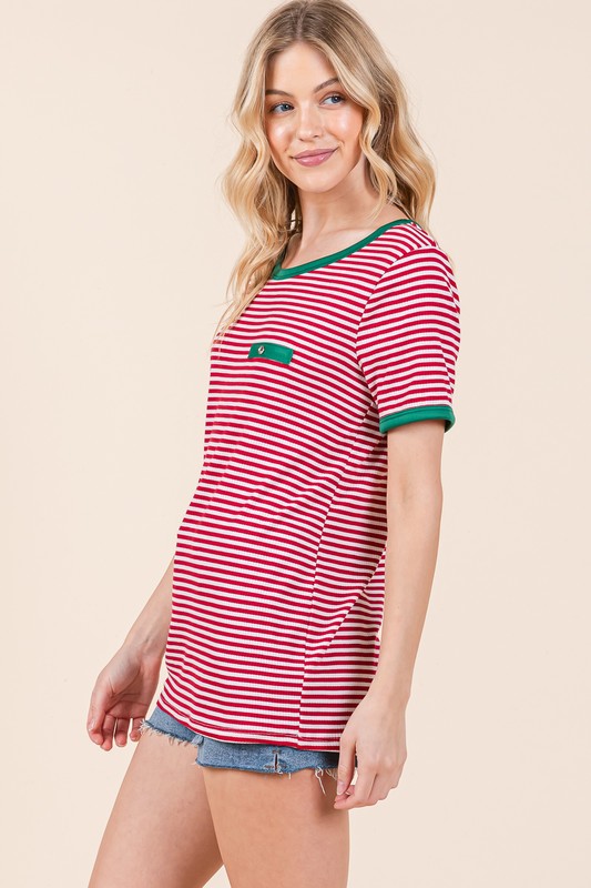 Orange Farm Stripe Ribbed T Shirt with Contrast Binding