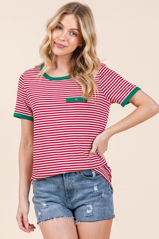 Orange Farm Stripe Ribbed T Shirt with Contrast Binding