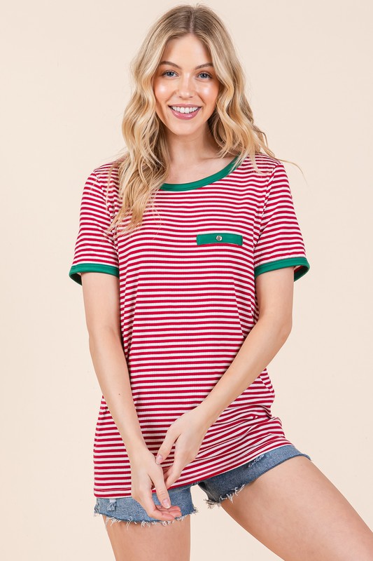 Orange Farm Stripe Ribbed T Shirt with Contrast Binding