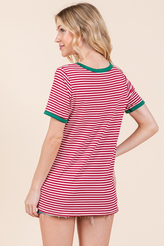 Orange Farm Stripe Ribbed T Shirt with Contrast Binding