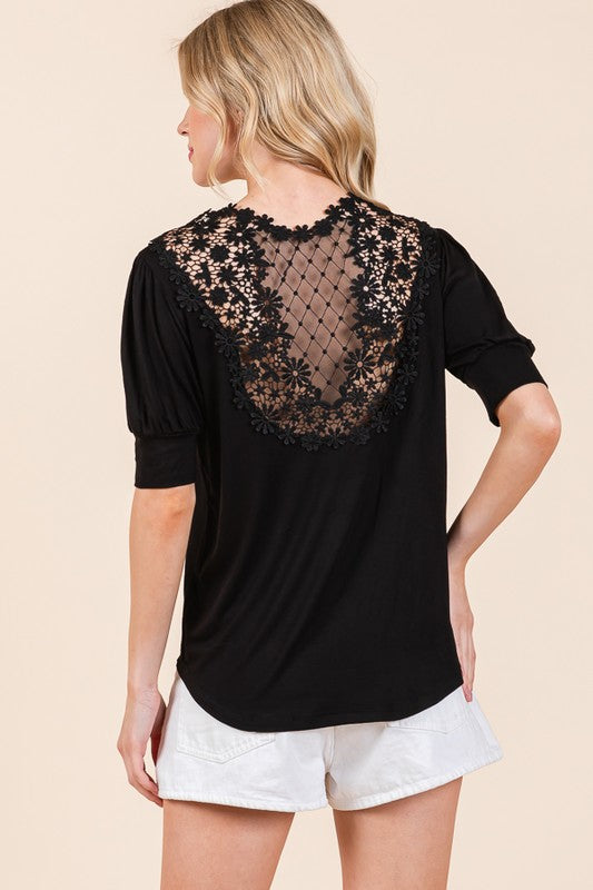 Orange Farm Crochet Lace Back Puff Sleeve Top