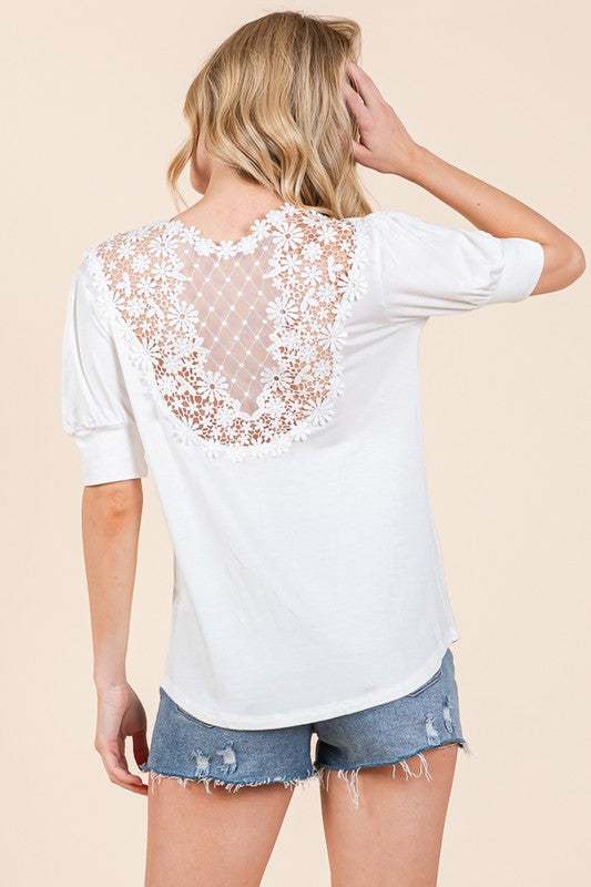 Orange Farm Crochet Lace Back Puff Sleeve Top