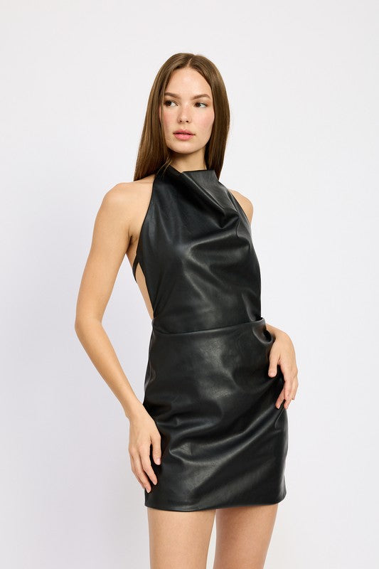 Emory Park HALTER NECK LEATHER MINI DRESS