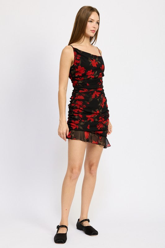 Emory Park Oaklynn RUCHED ASYMMETRICAL NECK DRESS WITH RUFFLE DETAIL