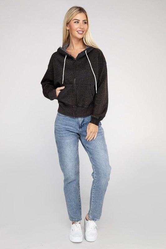 Zenana Acid Wash Fleece Cropped Zip-Up Hoodie - Boho Soho