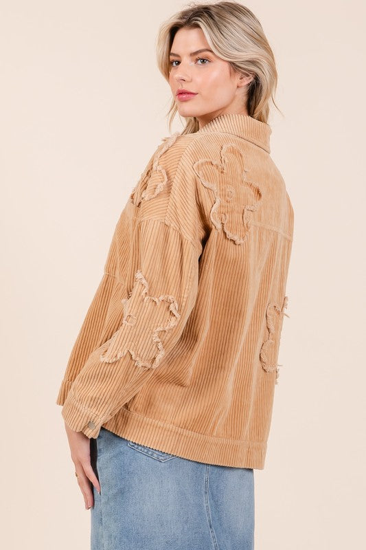 GeeGee Drop Shoulder Flower Patch Corduroy Shacket