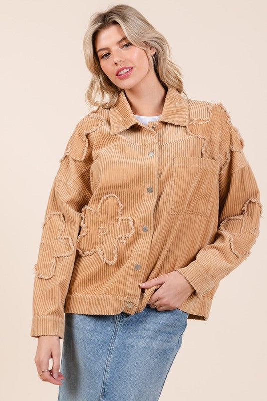 GeeGee Drop Shoulder Flower Patch Corduroy Shacket