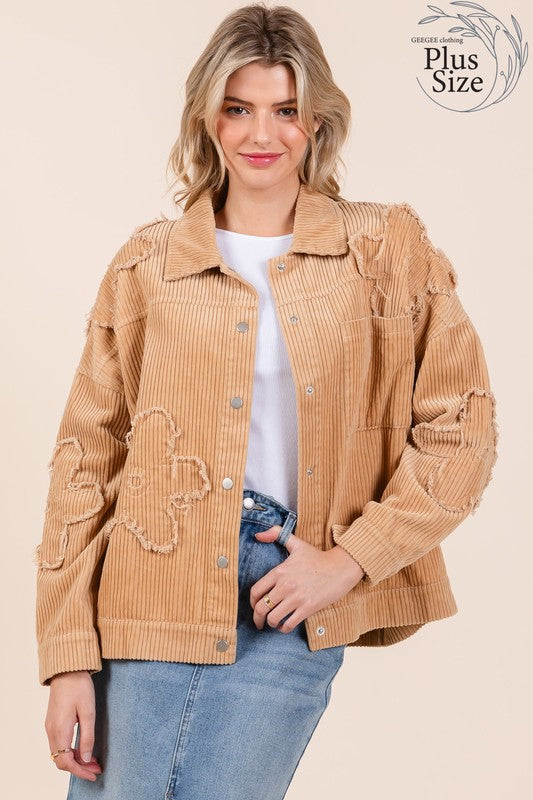 GeeGee Plus Size Drop Shoulder Corduroy Shacket