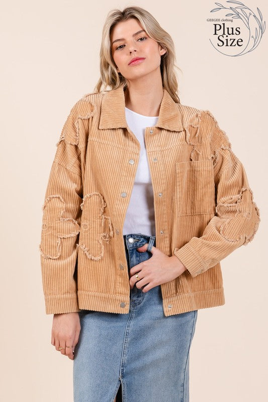 GeeGee Plus Size Drop Shoulder Corduroy Shacket