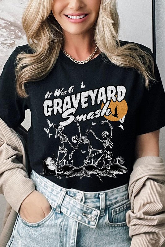 Graveyard Smash Skeleton Halloween Graphic Tee