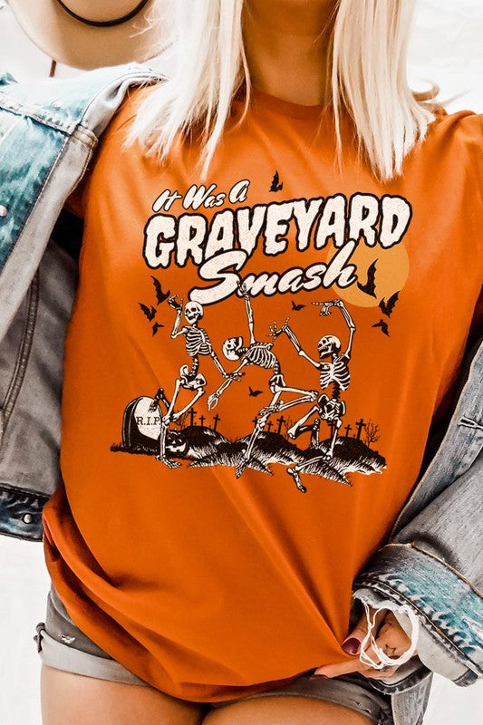 Graveyard Smash Skeleton Halloween Graphic Tee