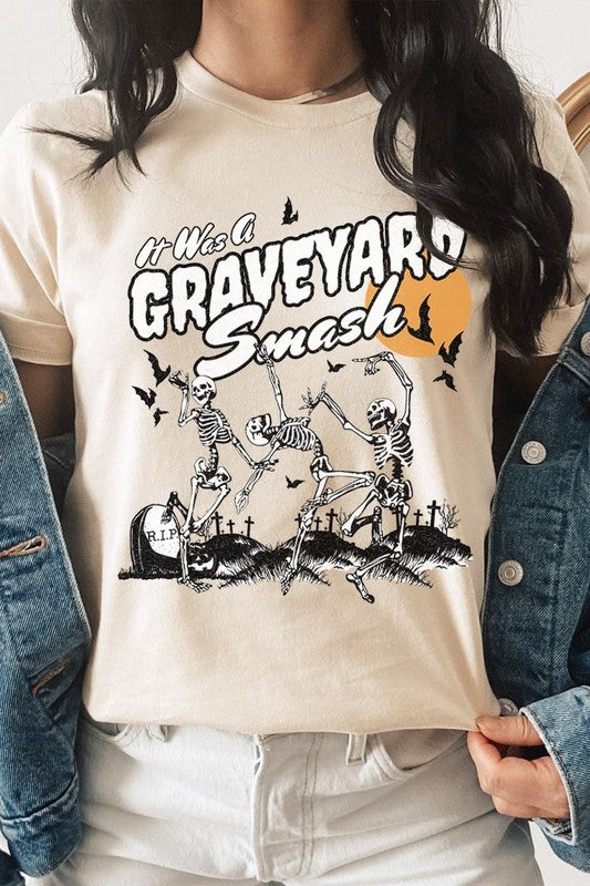 Graveyard Smash Skeleton Halloween Graphic Tee