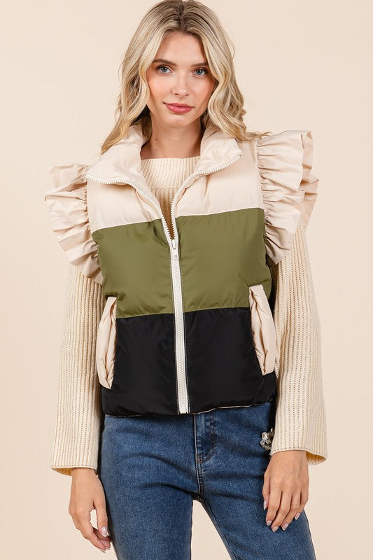 Color Block Ruffle Trim Puffer Vest