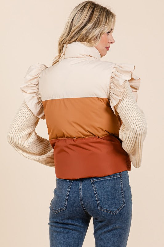 Color Block Ruffle Trim Puffer Vest