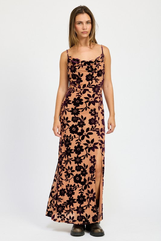 FLORAL PRINT COWL NECK MAXI DRESS