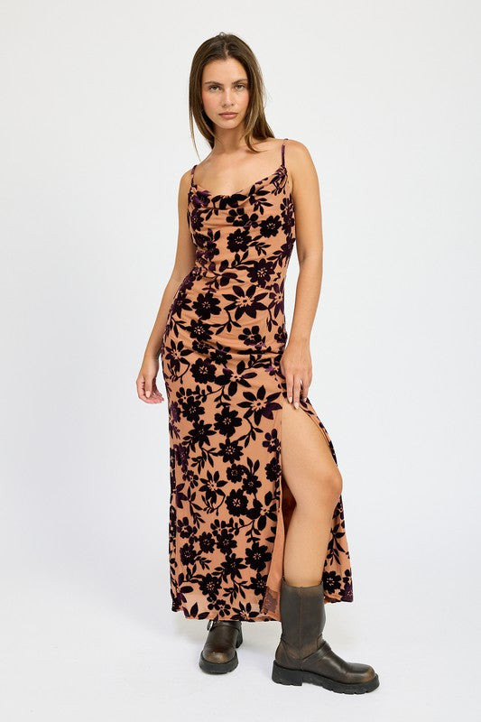 FLORAL PRINT COWL NECK MAXI DRESS